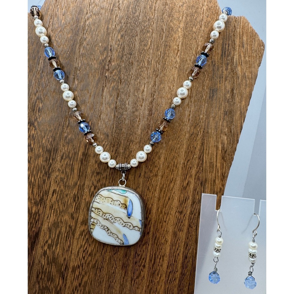 Artisan Sterling Silver Pearl Blue Crystal Ceramic Shard Necklace Earring Set